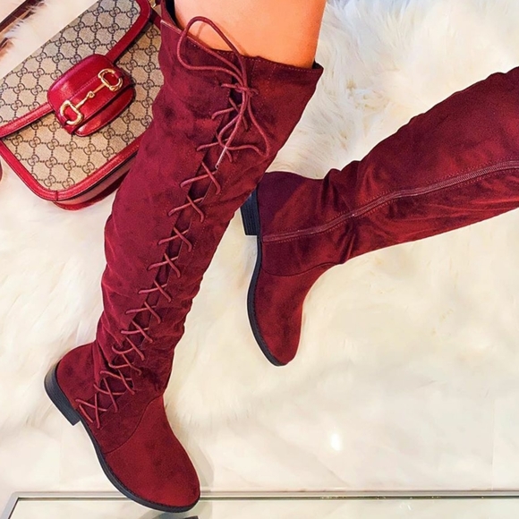 Burgandy Vegan Suede boots over knee - Picture 2 of 3